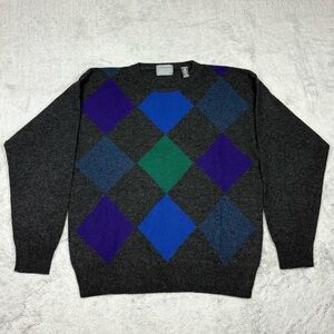 100% Lambswool Argyle Sweater Crewneck‎ Long Sleeve Heathered Grey Mens XL